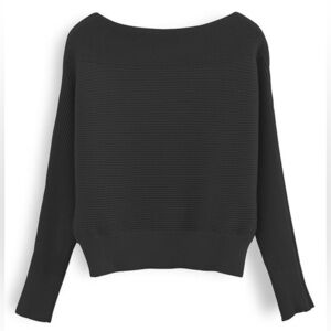 CHICWISH BOAT NECK LONG SLEEVE RIB KNIT TOP IN BLACK IN SMALL